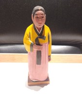 Vintage Hand-Carved Wooden Korean Woman Figurine Traditional Hanbok Folk Art  picture
