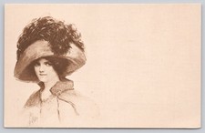 Edwardian Lady Feathered Hat Portrait Postcard Antique Fashion Woman Art PC picture