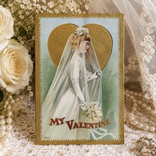 Antique 1912 Valentine Postcard Bride Wedding Gold Embossed Heart Posted picture
