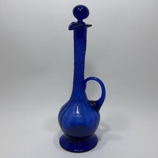 Vintage Cobalt Blue Art Glass Oil Decanter Bottle Hand Blown 9” Mid Century picture