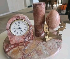 Vintage Staiger Marble Desk Clock Set Pink Onyx Stone Germany Hollywood Regency  picture