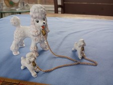 Vintage White Ceramic Poodle Family Figurine Mother & 2 Pups on chain picture