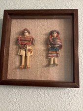 Pair Of 2 Vintage  BOLIVIAN  DOLLS REGIONAL FOLK ART Handmade In 1970 Framed picture