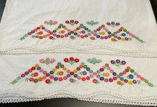 Vintage Set of 2 Pillowcases Embroidered Crocheted Exquisite 30” x 21” picture