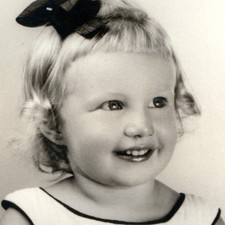 c1950s San Diego, CA Eugene Cooper Studio Photo Smiling Toddler Girl Hair Ribbon picture