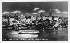1947 WASHINGTON RPPC POSTCARD: THE KALAKALA AT NIGHT LEAVING SEATTLE HARBOR, WA picture