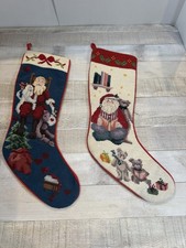Vintage Needlepoint Christmas Stocking Santa Teddy Bears Blue 20in Deco picture