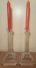 Pair Crystal Pillar CandleHolders Heavy Clear Candlestick Decorative  picture