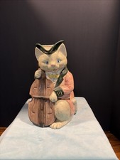 Vintage Fitz & Floyd Ceramic Pitcher Hand Painted Cat Playing Cello 1986 picture