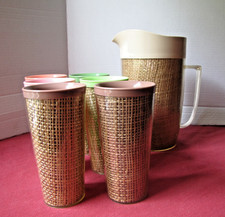 Vintage Lot MCM Raffiaware Tiki Style 64 oz Pitcher 6 10 oz Tumblers VGC picture