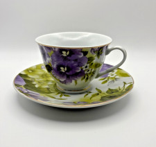 Purple Pansy Teacup and Saucer Set Bone China with Gold Trim picture