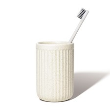 Beige Ceramic Toothbrush Holder, Speckled Rippled Tumbler | Bathroom Vanity A... picture