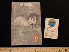 Vintage 1970 Scouts BSA Swimming Merit Badge - Booklet, Patch & Signed Card Set picture