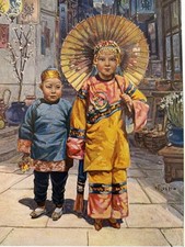 Antique Emil Flohri Chinese Children Lithograph c.1910s-20s Chinatown Art picture