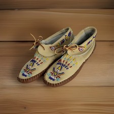 Vtg Taos Buckskin Leather Native American Moccasins Beaded Kachina Sz 8 picture