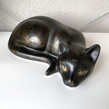 Vintage Black Ceramic Curled Cat Sculpture Resting Feline with Gold Eyes picture