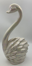 Swan Figurine White Iridescent Ceramic Long Neck Vintage MCM Crazing SEE PICS picture
