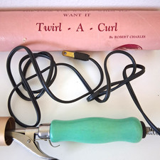 Vintage Curling Iron Twirl A Curl Antique Wood Handle Original Box Works 50s 60s picture