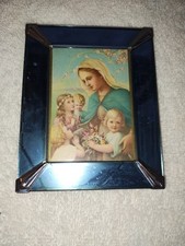 Antique Art Deco Cobalt Blue Mirror  Glass Picture & Frame Tabletop Hanging picture