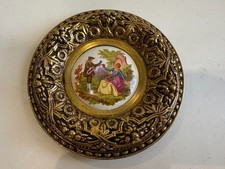 Vintage Spain Limoges Fragonard Porcelain Plaque with Ornate Gold Brass Frame picture