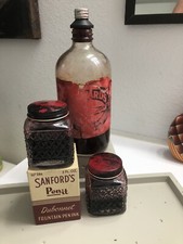 Antique Sanford’s Cardinal Red Fountain Pen Ink Bottle Vintage Lot picture