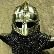 16GA Medieval Designer Helmet Vendel Knight With Chain Mail Halloween Roleplay picture