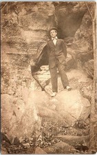 Vintage Postcard Young Man Rock Formation Outdoor Real Photo Antique picture