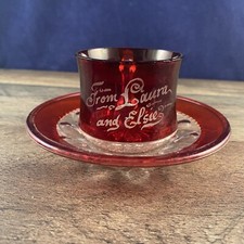 Antique Ruby Flash Glass Souvenir Cup Saucer From Laura & Elsie Etched picture