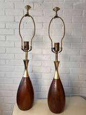 PAIR Walnut And Brass MCM Table Lamps Attr. Tony Paul for Westwood New Cords 26” picture