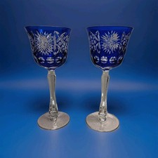 2 Bohemian Crystal Cobalt Blue Cut To Clear Glass Wine Goblets   picture