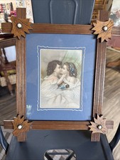 Antique Victorian Lithograph Print-Children & Doll Walnut Frame Leaves Blue Mat picture