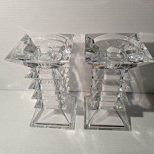 Vtg PAIR SHANNON CRYSTAL, Ireland SQUARE 6-tier Clear Glass Taper CANDLEHOLDER.  picture