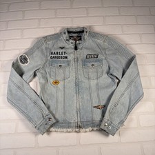 Y2K Harley Davidson Vintage Women's Motorcycle Acid Wash Jean Denim Jacket SMALL picture