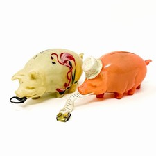 2 Vintage Celluloid Pig Figural Tape Measures Sewing Notions Collectible picture
