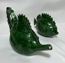 Vintage Green Majolica Fish Teapot & Soup Tureen, Mid-Century Barbotine Style picture