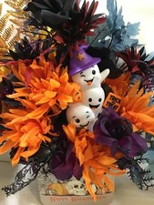 BEAUTIFUL FALL HALLOWEEN CENTERPIECE FLORAL DECOR-PUMPKIN, GHOSTS, SPIDER - NEW picture