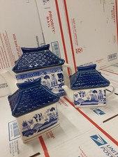 Blue White Oriental Pagoda Scene Square Tea Set Sugar Creamer Blue Willow picture
