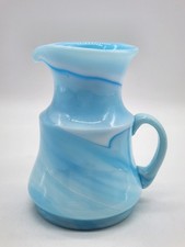 Vintage Slag Glass Blue & White Swirled Small Pitcher Creamer Applied Handle 5