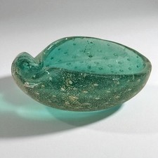 Venini Scarpa Art Glass Bowl Murano Turquoise Bullicante With Gold Infusion  picture