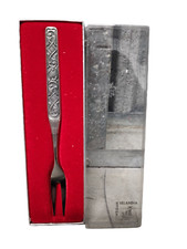 Vintage Norwegian Pewter Serving Fork MCM Viking Silver Tone Rosemaling 1907 picture