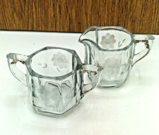 Vtg Pressed Heavy Clear Glass Etched Floral Pattern Hexagon Creamer Sugar Set picture