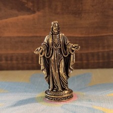 BG10 BRASS Sacred Heart of Jesus Miniature BrassTone Religious Figurine Statue picture