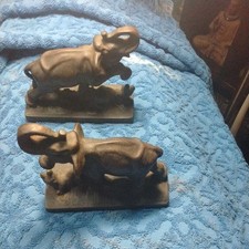 ANTIQUE AFRICAN ASIAN CAST IRON ELEPHANT STOMPING ART STATUE SCULPTURE BOOKENDS picture