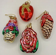 Vintage Ornament Lot Blown Glass Rose Basket Pinec Holiday Chirstmas Set of 4 picture