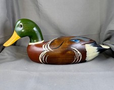 VTG Carved Wood Mallard Duck Decoy Hand Painted 14” Glass Eyes Unsigned Man Cave picture