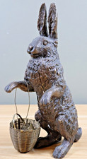 Rare Antique Edwardian Easter Bronze Rabbits w/2  Miniature Woven Brass Baskets picture