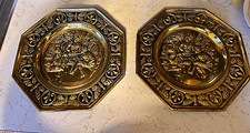 Pair Vintage Brass Wall Hanging Plates 10.5 Octagon Tavern Scene Made in England picture