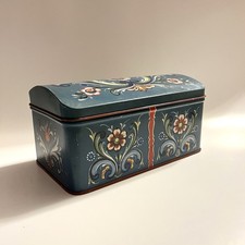 Vtg Norwegian Rosemaling Blue Floral Metal Tin Storage Box 7.5