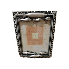 Pewter Tone Metal Fishing Theme 4x6” Photo Frame Kohls Velvet Back Easel picture