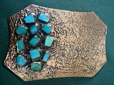 GORGEOUS HUGE VTG HAMMERED COPPER W/TURQUOISE STONES NATIVE AMERICAN BELT BUCKLE picture